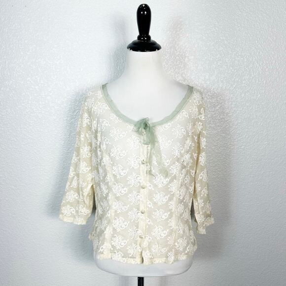 Hanky Panky Womens Sheer Lace Button Down Tie Top in Cream Size Large - Picture 1 of 10